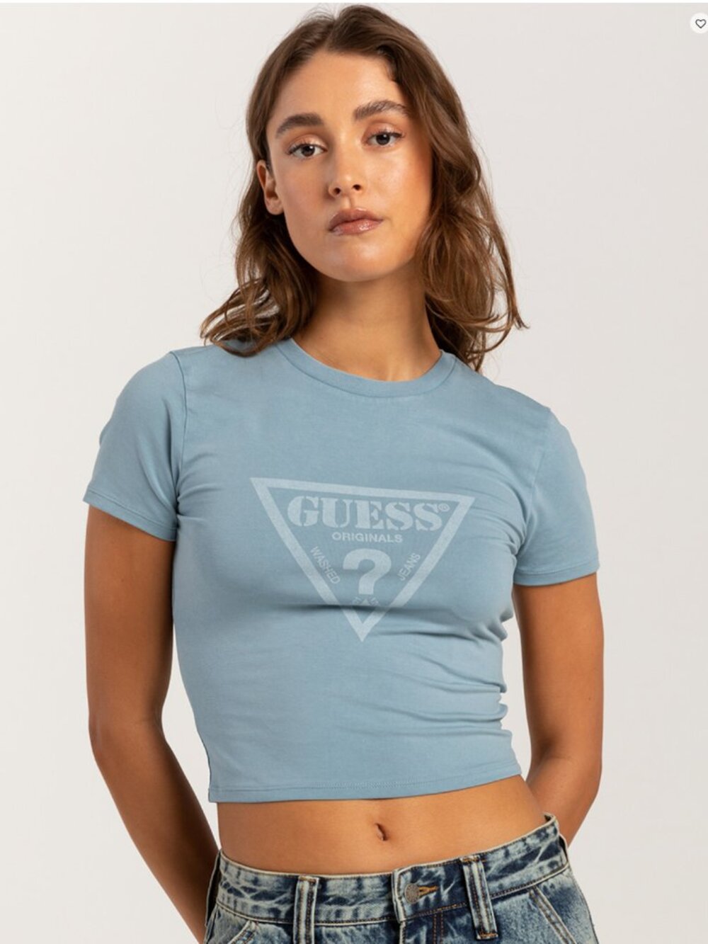GUESS Originals Vintage Triangle Logo Baby Tee Blue Cotton Size Medium